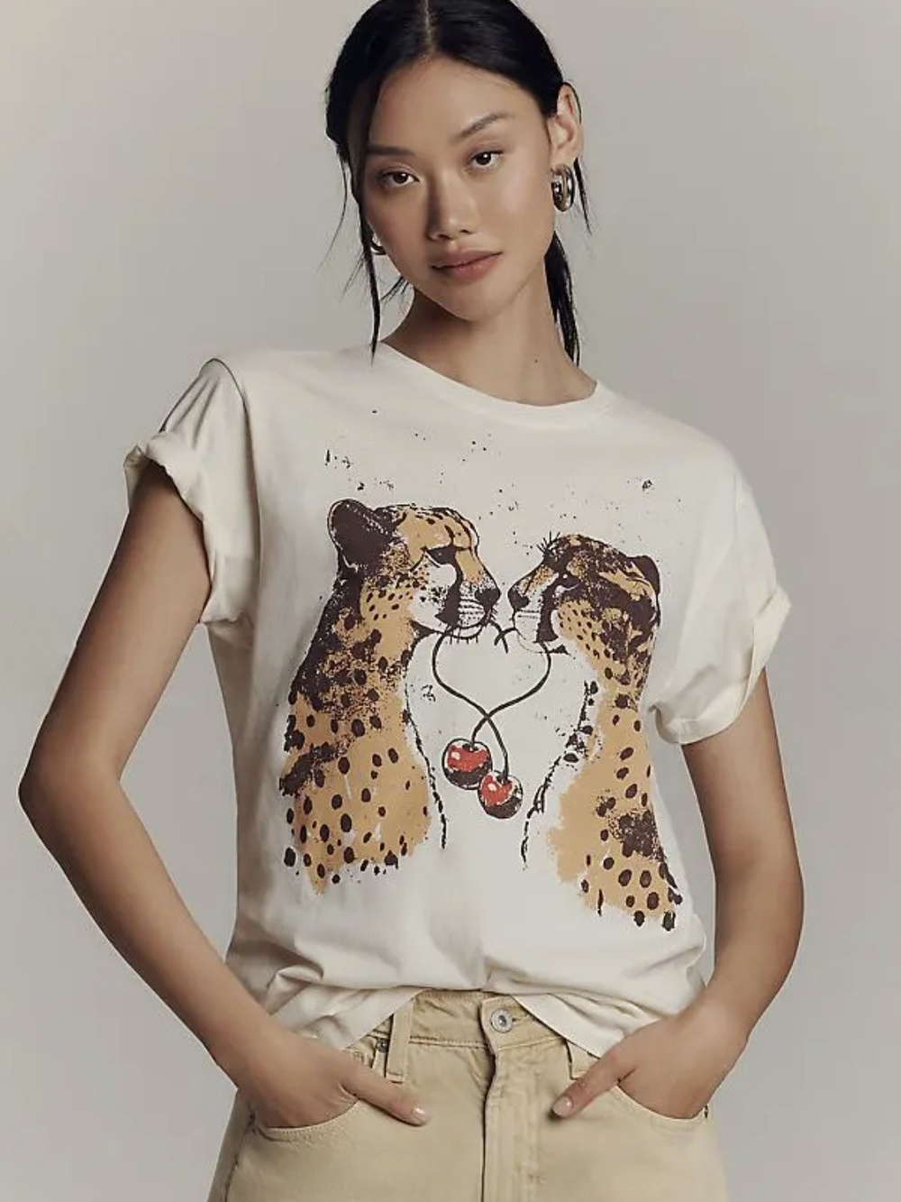 NWT Anthropologie Letluv Cream Graphic Tee with Leopard and Cherry Motif